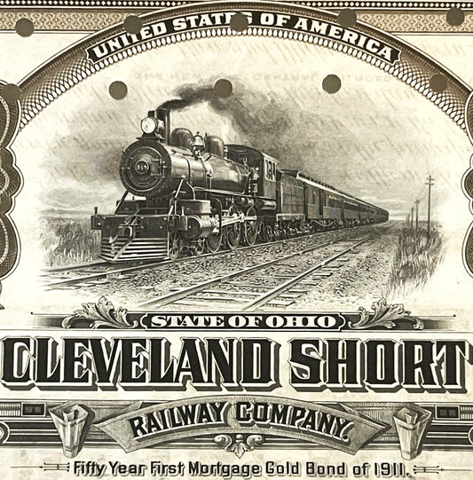 Antique 1911 Cleveland Short Line Railway First Mortgage Gold Bond 1000 Steam Locomotive Vignette 📜