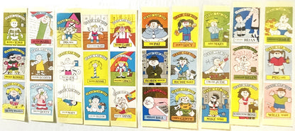 Collection of colorful Trash Can Tots sticker cards arranged in folded display panels, showing cartoon character illustration