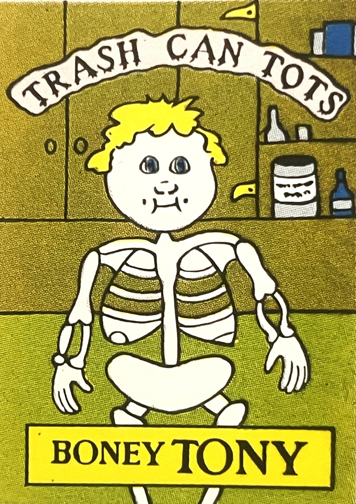 Vintage sticker featuring yellow-haired skeleton character labeled "Boney Tony" with "Trash Can Tots" banner, bathroom settin