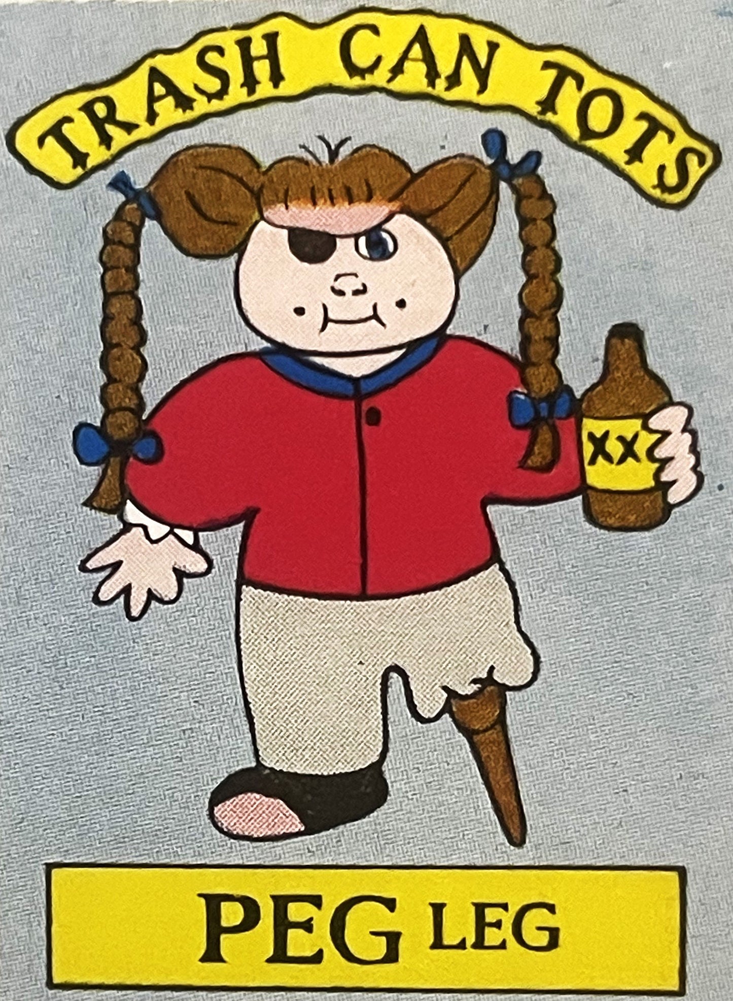 Vintage sticker featuring cartoon character Peg Leg with brown braided hair, red jacket, holding a bottle, with yellow "Trash