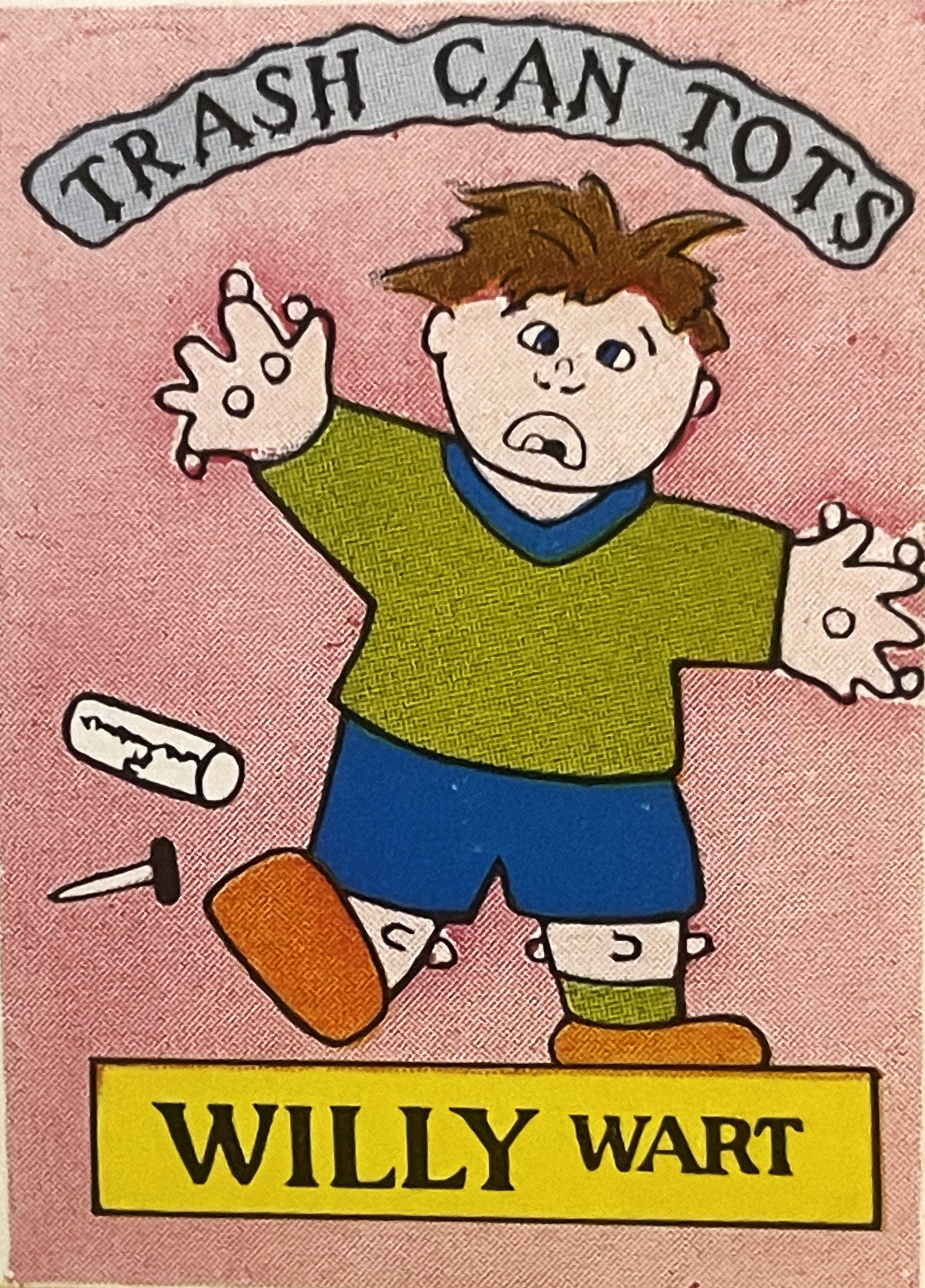 Vintage sticker featuring cartoon boy character "Willy Wart" with rash on hands and face, wearing yellow shirt and blue short