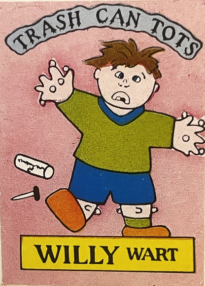 Vintage sticker featuring cartoon boy character "Willy Wart" with rash on hands and face, wearing yellow shirt and blue short