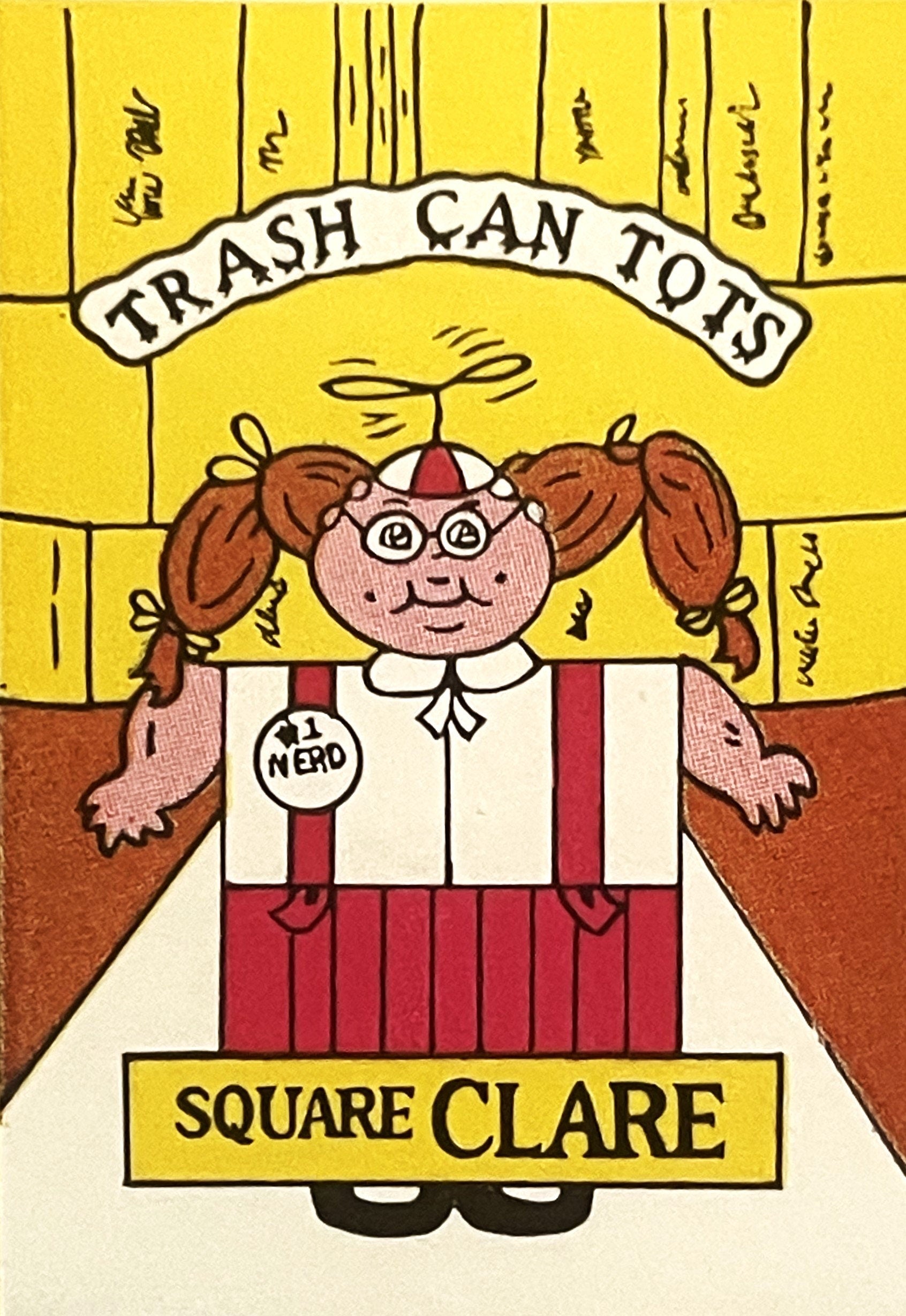 Vintage sticker featuring cartoon character with brown pigtails wearing red and white outfit labeled "Square Clare" with "Tra