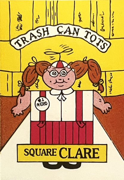 Vintage sticker featuring cartoon character with brown pigtails wearing red and white outfit labeled "Square Clare" with "Tra
