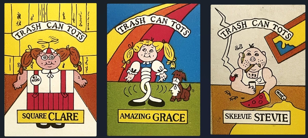 Three vintage sticker cards with cartoon characters labeled "Trash Can Tots," featuring Square Clare, Amazing Grace, and Skee
