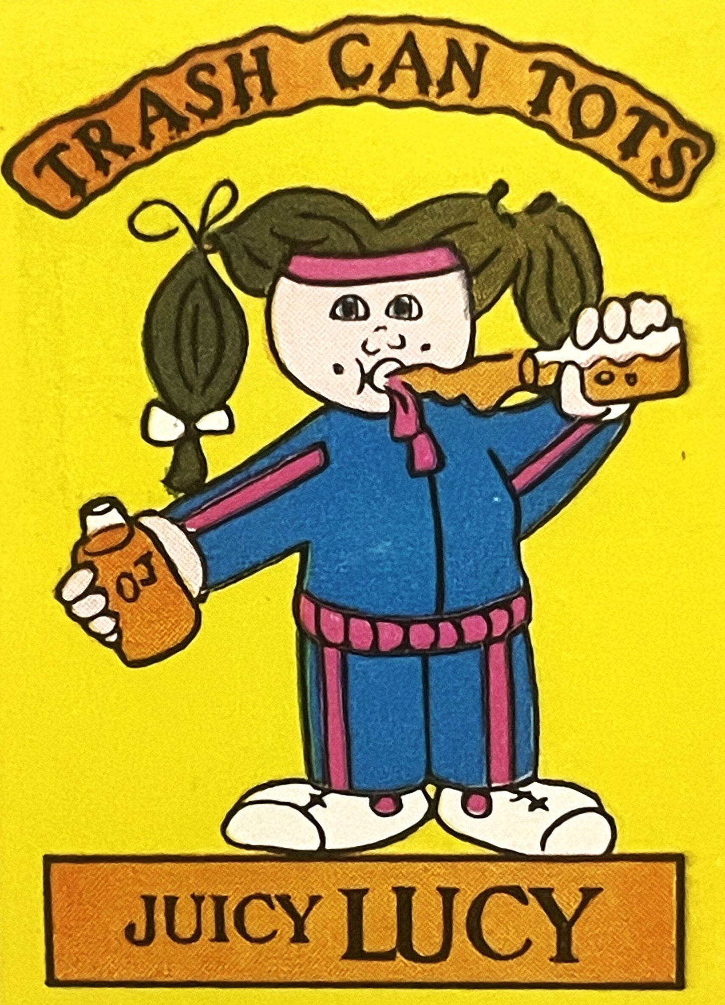 Vintage sticker featuring cartoon girl with pigtails holding trash can and sandwich, text reads "Trash Can Tots" and "Juicy L