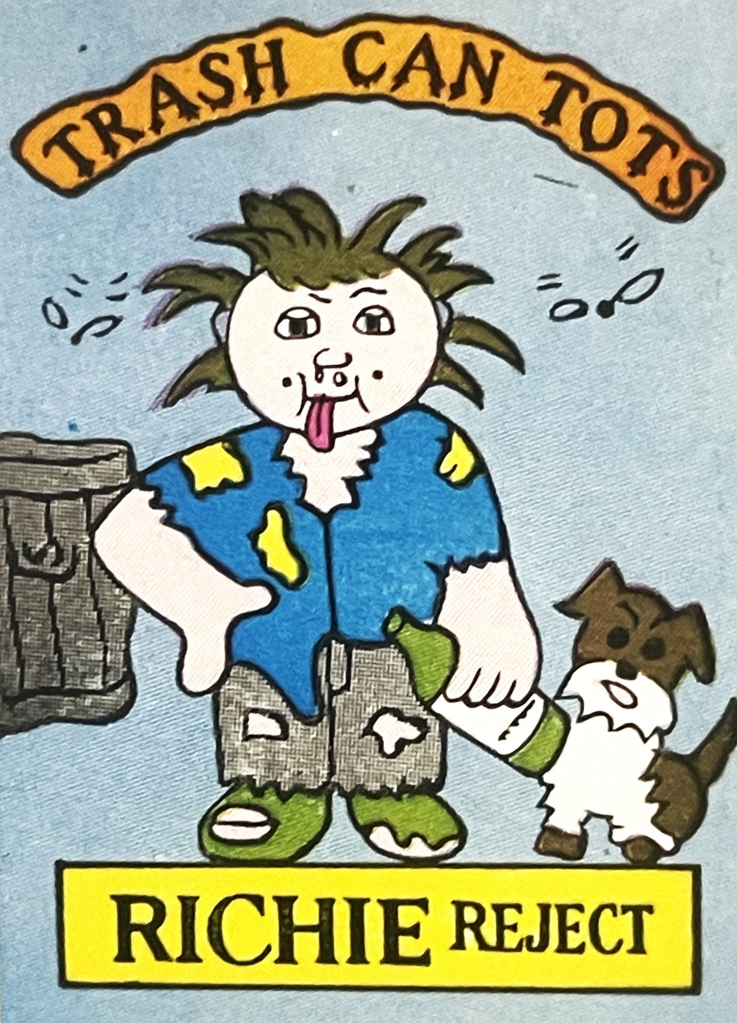 Vintage sticker with cartoon character labeled "Richie Reject" wearing tattered blue shirt and green pants, with wild hair an