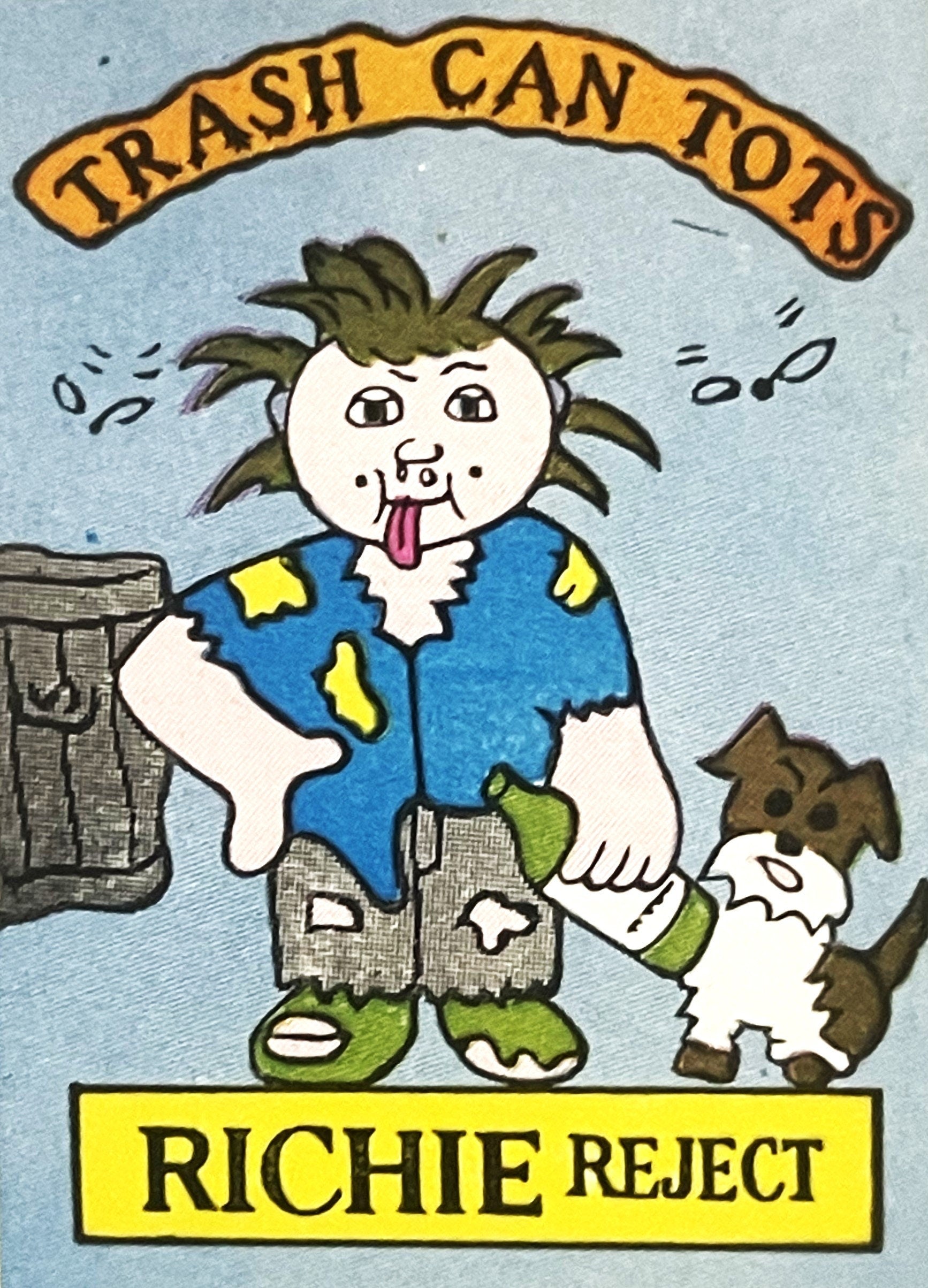 Vintage sticker with cartoon character labeled "Richie Reject" wearing tattered blue shirt and green pants, with wild hair an