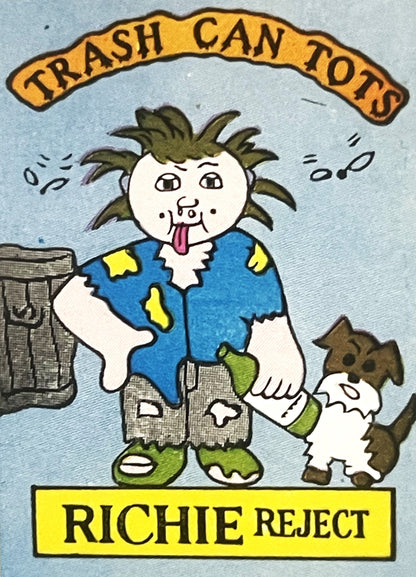 Vintage sticker with cartoon character labeled "Richie Reject" wearing tattered blue shirt and green pants, with wild hair an
