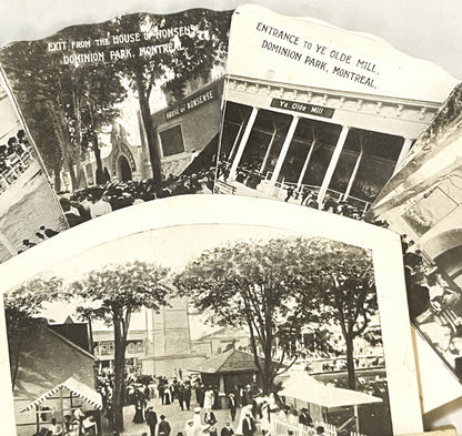 Vintage fan-shaped postcard with three black and white photographs of Dominion Park Montreal, including park entrance and "Ye