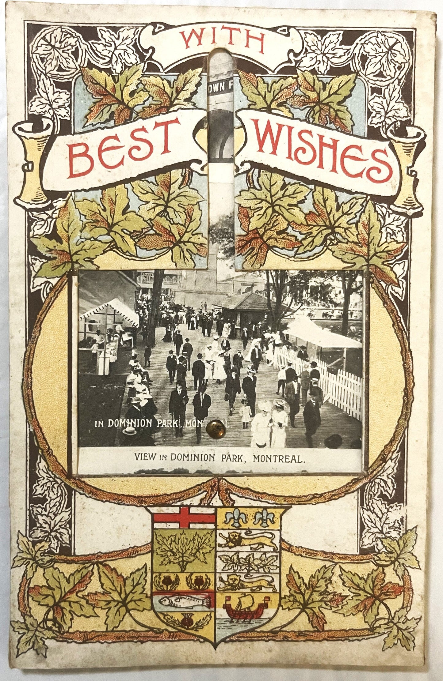 Ornate fan-shaped postcard with "With Best Wishes" banner, hop leaf decorations, and black and white photograph of Dominion P
