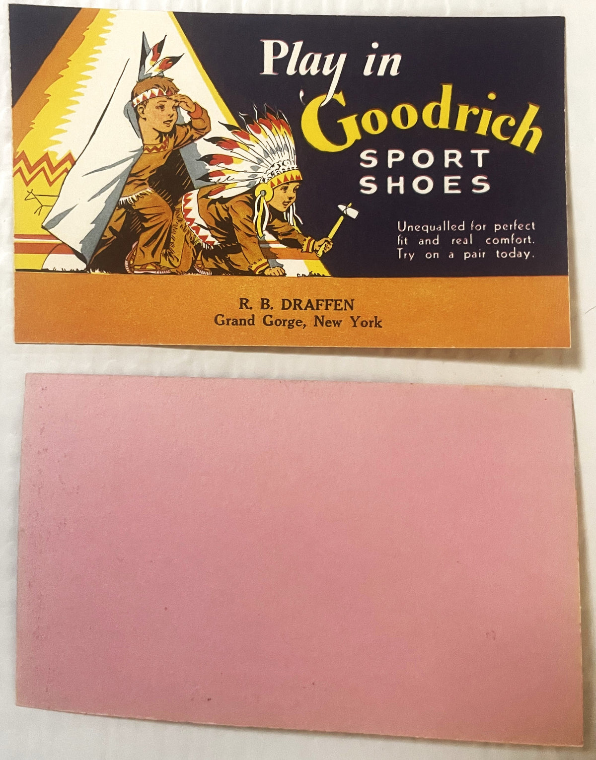 Vintage Goodrich Sport Shoes advertising blotter featuring Native American imagery, black and tan design with pink reverse