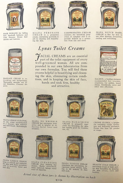 Vintage 1920s Lynas Toilet Creams brochure page showing illustrated glass jars of facial creams with product descriptions and