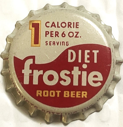 Vintage bottle cap with crimped metal edges, cream and dark red design, printed text reading "Diet Frostie Root Beer" and "1 