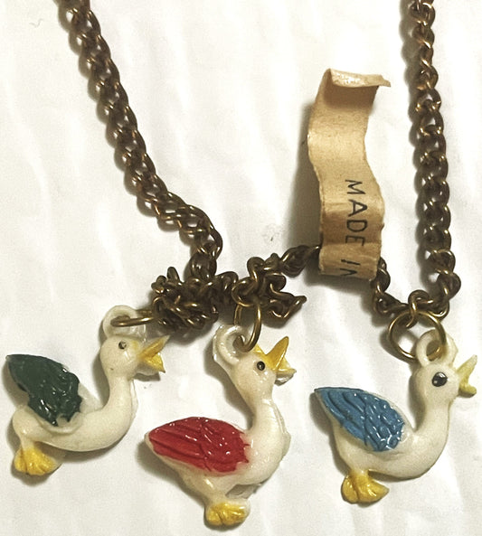 Vintage Hand-Painted Duck Charm Choker Necklace 📌 Mid-Century Brass Chain, Made in Japan Pin, Kitsch Goose Charms Necklace