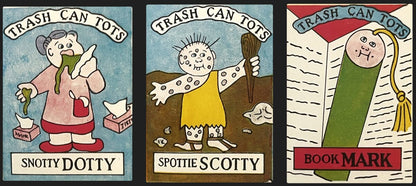 Three vintage sticker cards with cartoon characters labeled "Trash Can Tots," featuring "Snotty Dotty," "Spotie Scotty," and 