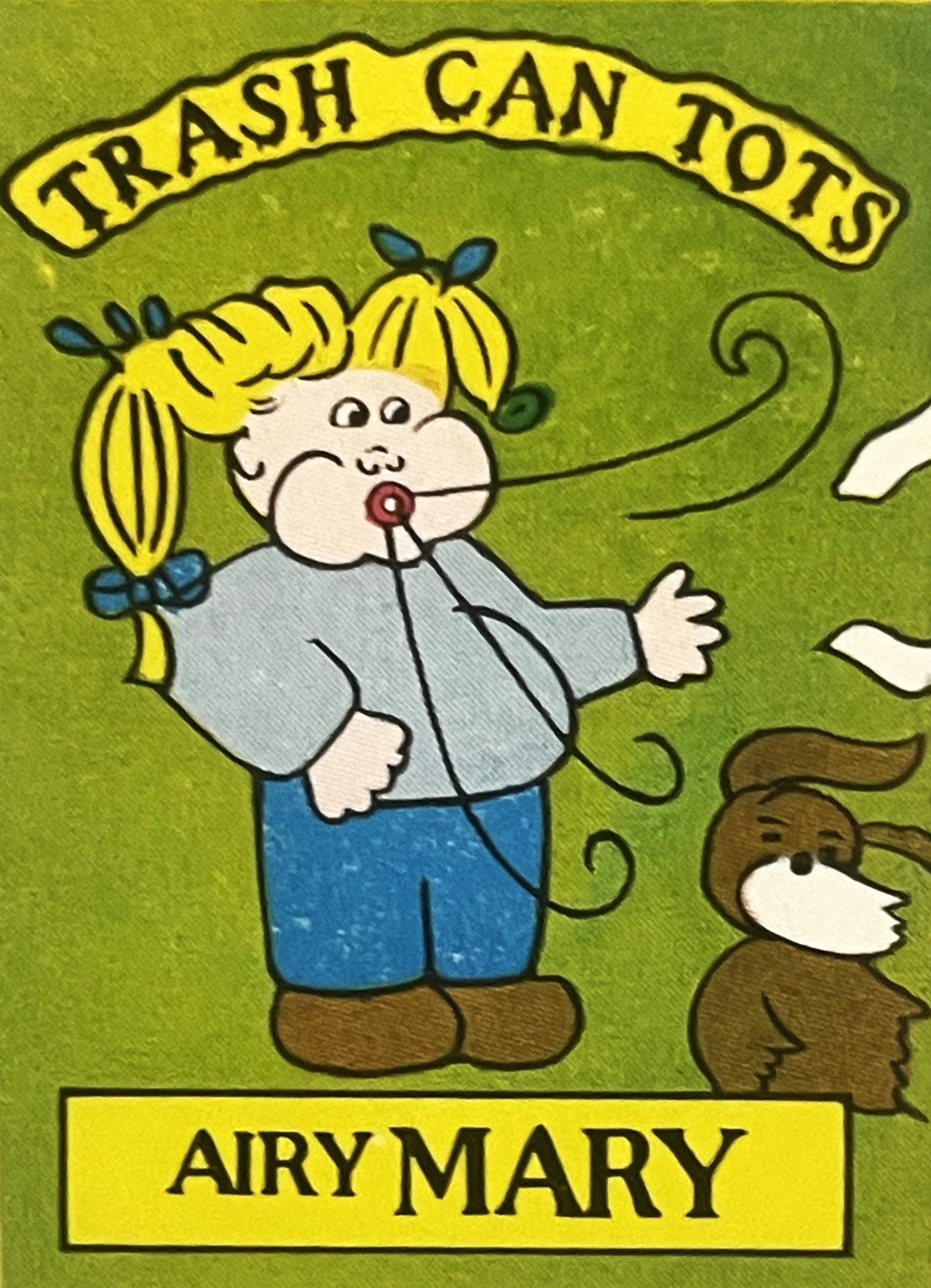 Vintage sticker featuring cartoon girl with yellow pigtails labeled "Airy Mary" and "Trash Can Tots" banner on green backgrou