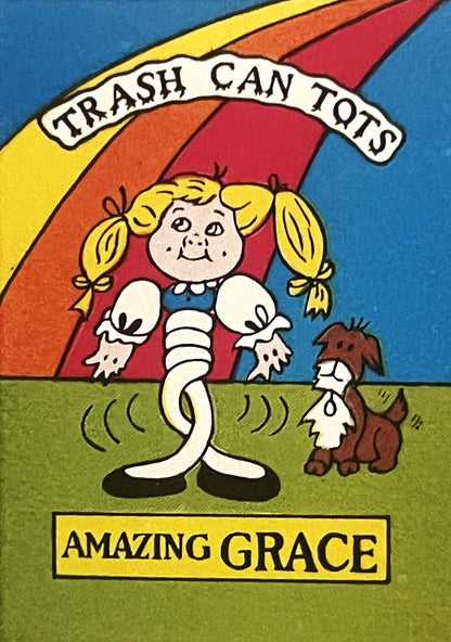 Vintage sticker featuring a blonde pigtailed character with trash-can body under colorful umbrella, holding brown dog, with "