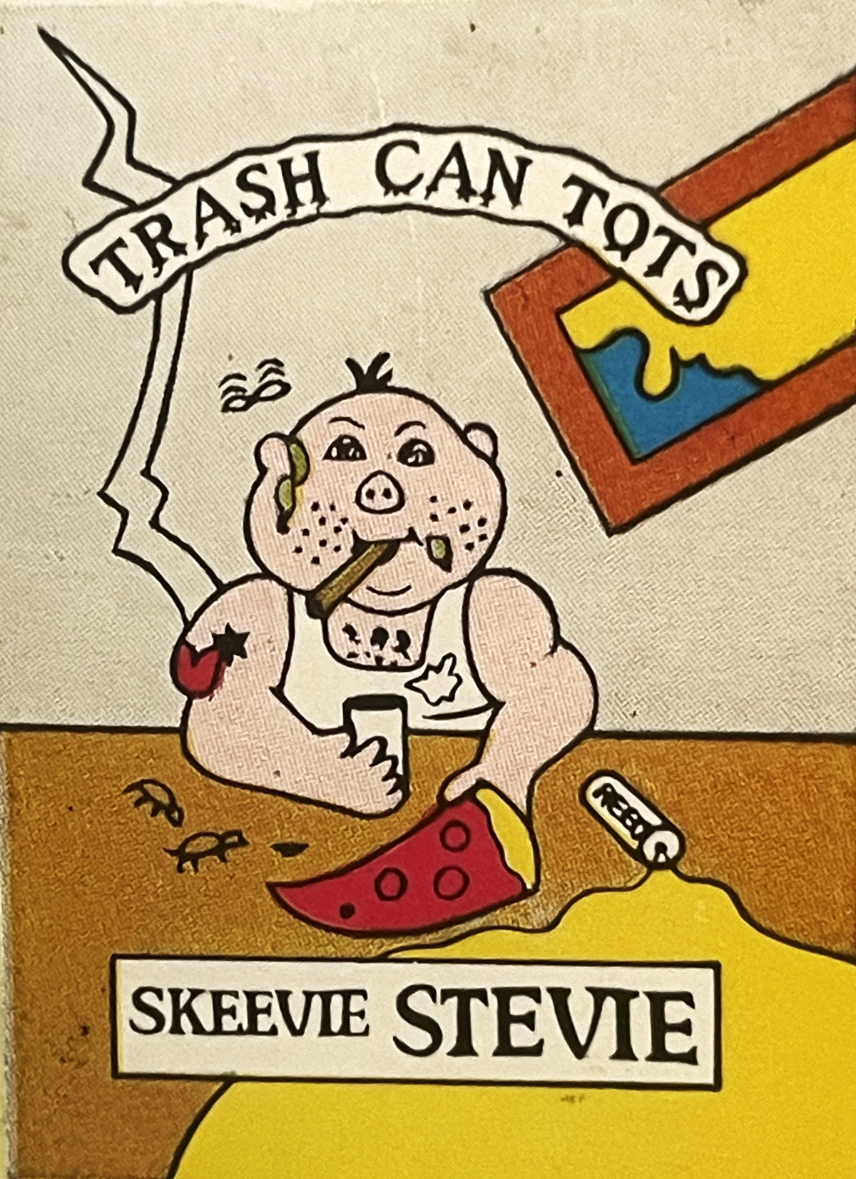 Vintage sticker showing cartoon baby character labeled "Skeevie Stevie" eating trash, with banner reading "Trash Can Tots" ab