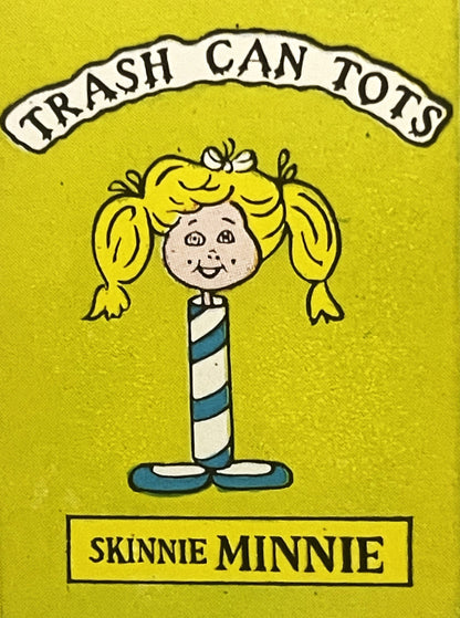 Vintage sticker featuring a cartoon character with yellow pigtails and blue-striped body on yellow background, labeled "Skinn