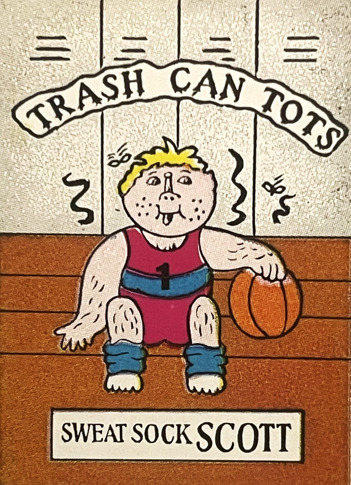 Vintage sticker featuring cartoon character "Sweat Sock Scott" in red tank top and blue shorts holding basketball, with "Tras