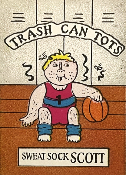 Vintage sticker featuring cartoon character "Sweat Sock Scott" in red tank top and blue shorts holding basketball, with "Tras