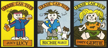 Three vintage sticker cards labeled "Trash Can Tots" featuring cartoon characters named Juicy Lucy, Richie Reject, and Dirty 