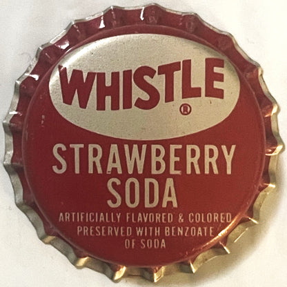 Vintage red and cream Whistle Strawberry Soda bottle cap with scalloped edges, printed text reading "WHISTLE STRAWBERRY SODA"
