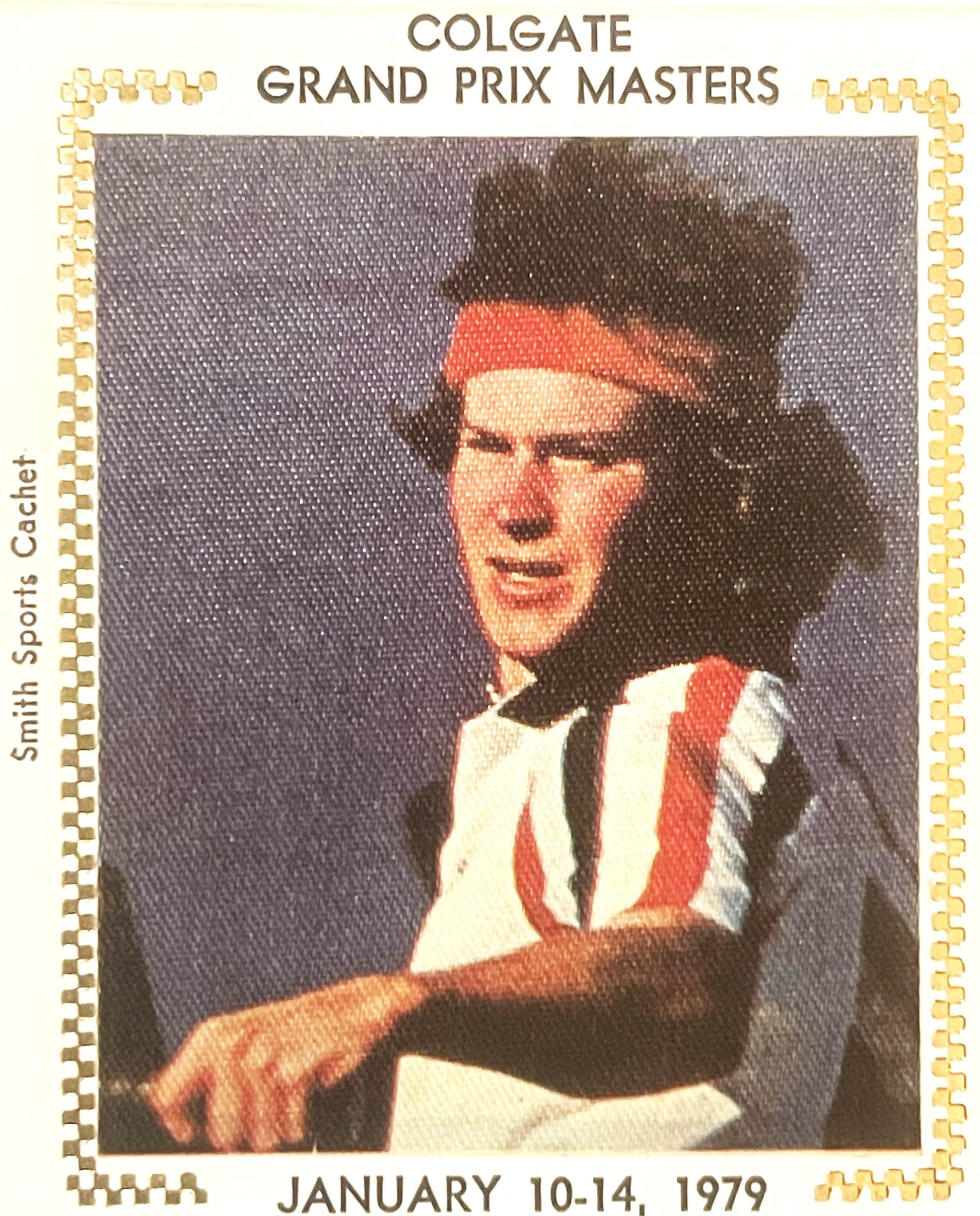 Vintage 1979 Colgate Grand Prix Masters envelope featuring John McEnroe in red headband and striped shirt, January 10-14 date