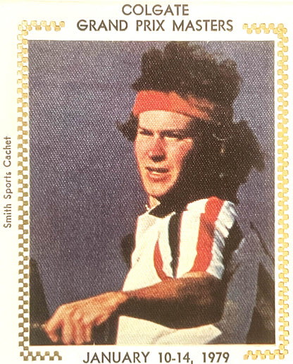 Vintage 1979 Colgate Grand Prix Masters envelope featuring John McEnroe in red headband and striped shirt, January 10-14 date