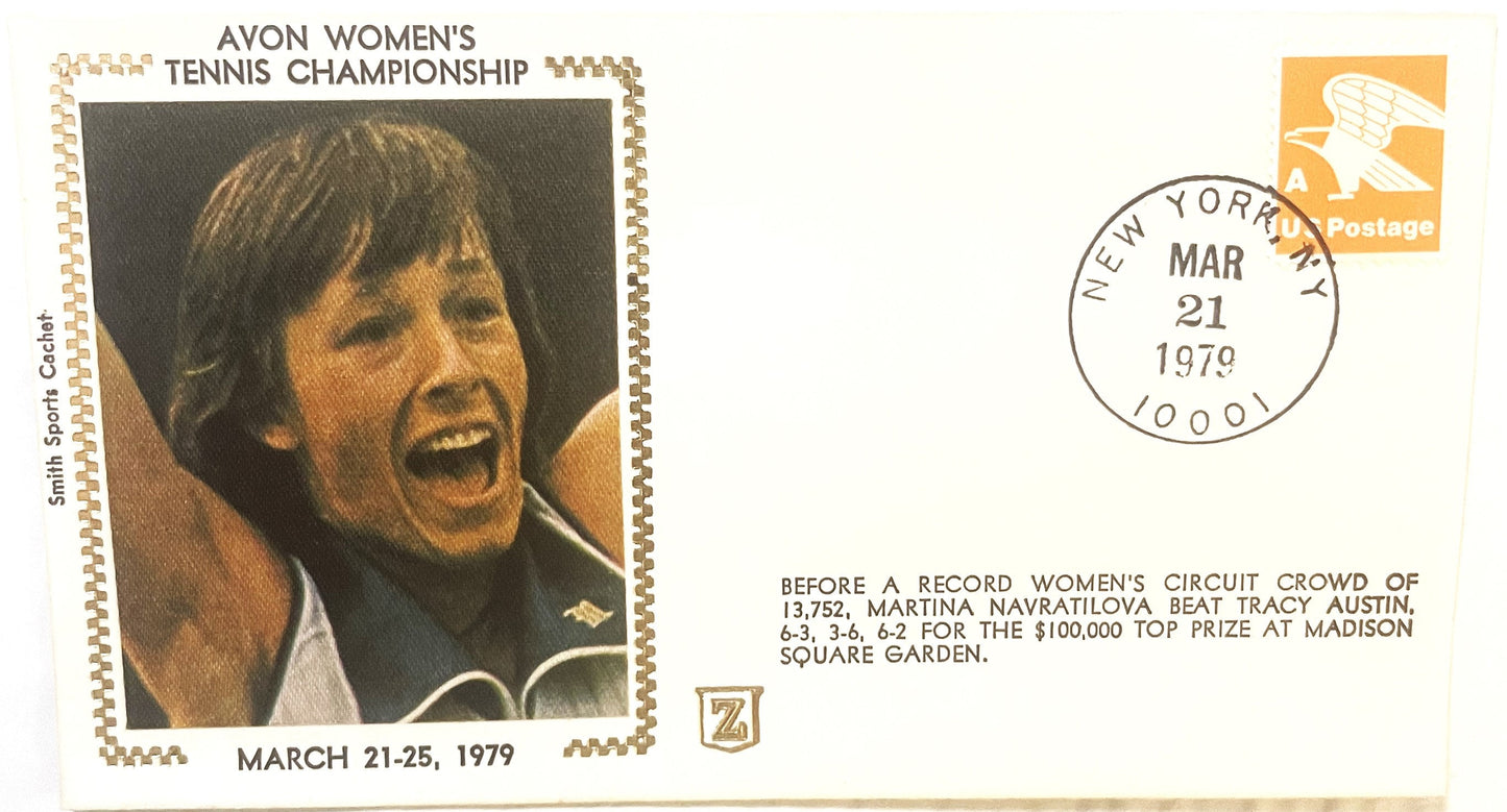 1979 commemorative envelope for Avon Women's Tennis Championship featuring Martina Navratilova photo, postmarked New York Mar