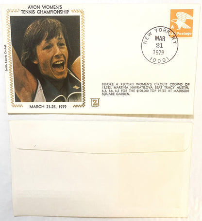 Vintage 1979 Avon Women's Tennis Championship envelope featuring Martina Navratilova photo, postmarked March 21, 1979 New Yor