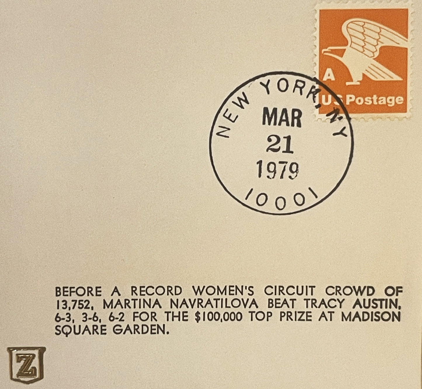 Cream envelope with orange eagle stamp and New York postmark dated Mar 21 1979, text describing Navratilova's tennis victory 
