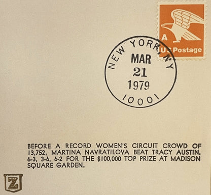 Cream envelope with orange eagle stamp and New York postmark dated Mar 21 1979, text describing Navratilova's tennis victory 