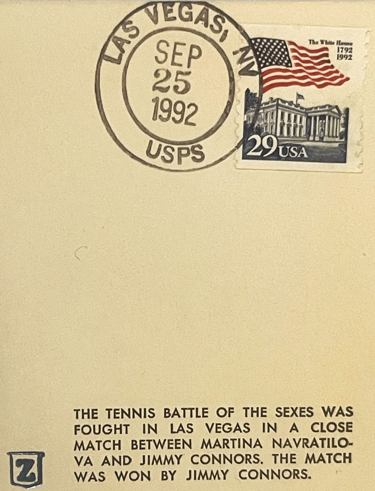 Vintage 1992 stamped envelope with Las Vegas postmark, White House stamp, and printed text about Tennis Battle of the Sexes m