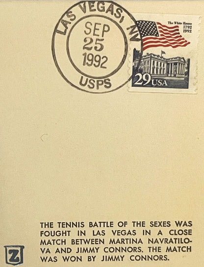 Vintage 1992 stamped envelope with Las Vegas postmark, White House stamp, and printed text about Tennis Battle of the Sexes m
