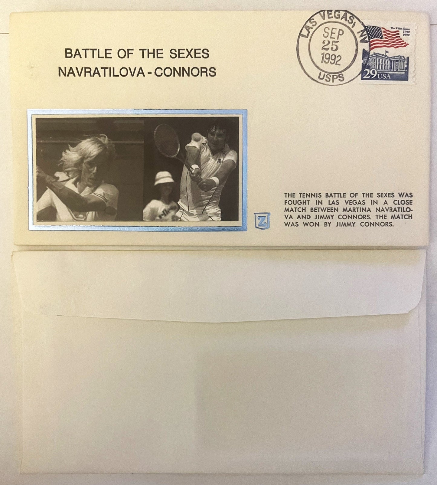 1992 postal envelope with black-and-white photo of tennis players, postmark from Las Vegas, and text describing Navratilova-C