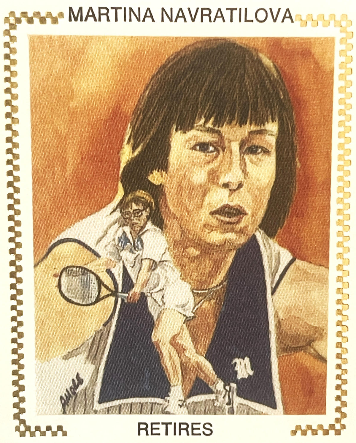 Embossed envelope featuring Martina Navratilova's portrait with tennis racket, orange background, "RETIRES" text below, spira