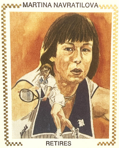 Embossed envelope featuring Martina Navratilova's portrait with tennis racket, orange background, "RETIRES" text below, spira
