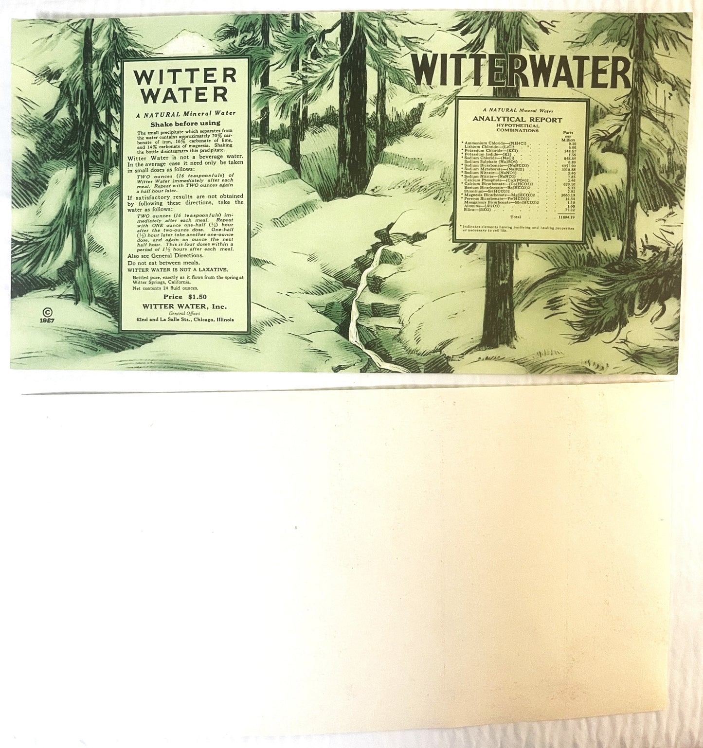 Vintage 1927 Witter Water mineral water label with forest landscape illustration and analytical report, priced $1.50.