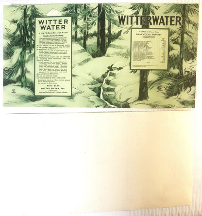Vintage 1927 Witter Water mineral water label with forest landscape illustration and analytical report, priced $1.50.