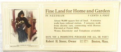 Vintage cream-colored ink blotter with illustrated woman holding small dog on left, real estate advertisement for Needham, Ma