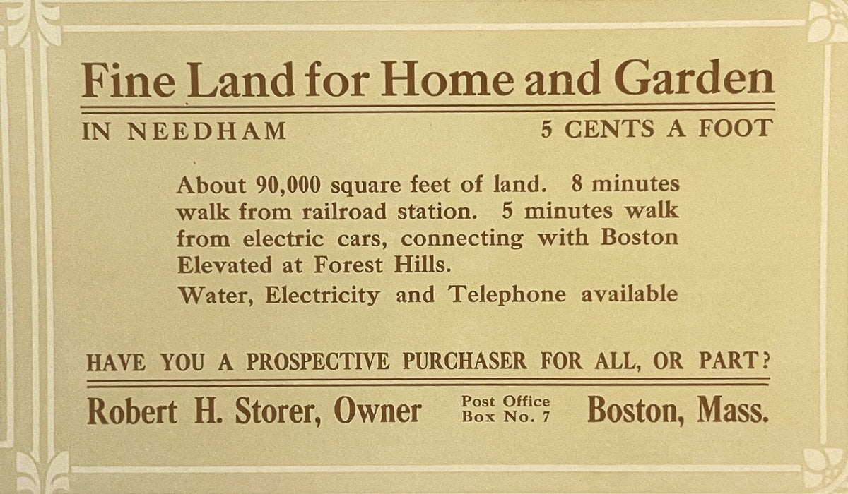 Vintage cream-colored advertising blotter for Needham real estate by Robert H. Storer, Boston, featuring brown