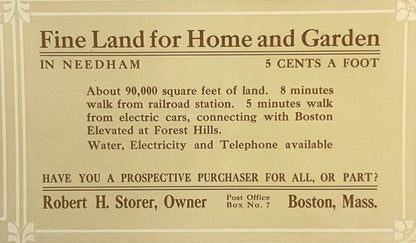 Vintage cream-colored advertising blotter for Needham real estate by Robert H. Storer, Boston, featuring brown