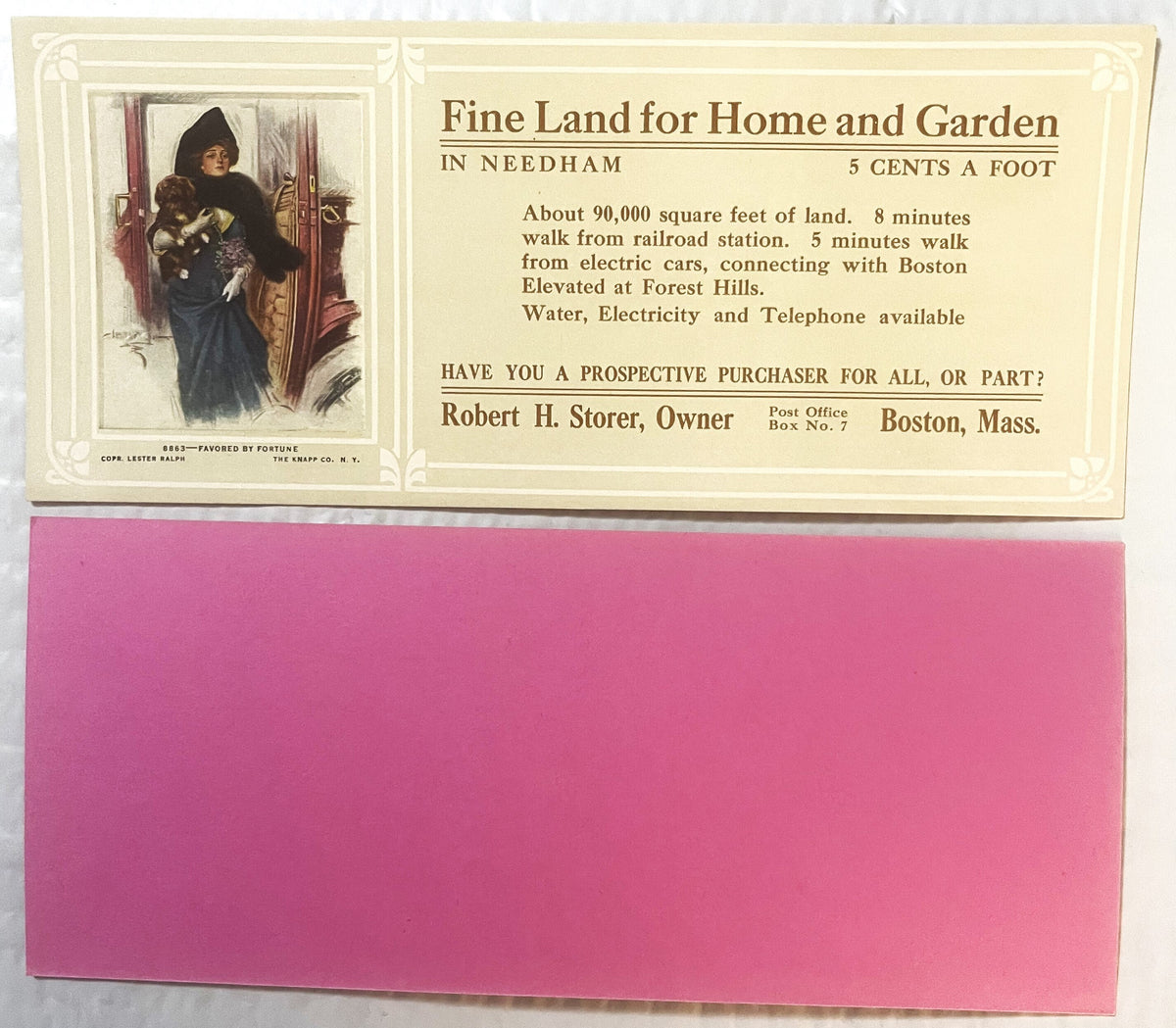 Cream and pink vintage ink blotter advertising Needham real estate at 5 cents per foot, with illustration of woman in dark
