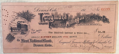 Vintage 1921 pink voucher check from Longmont Farmers Milling & Elevator in Denver, payable to Capitol Rubber & Tire Co. for 