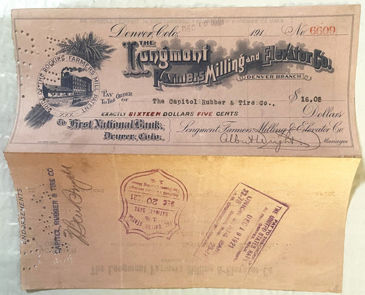 Antique 1921 Longmont Farmers Milling Voucher Check Unearthed