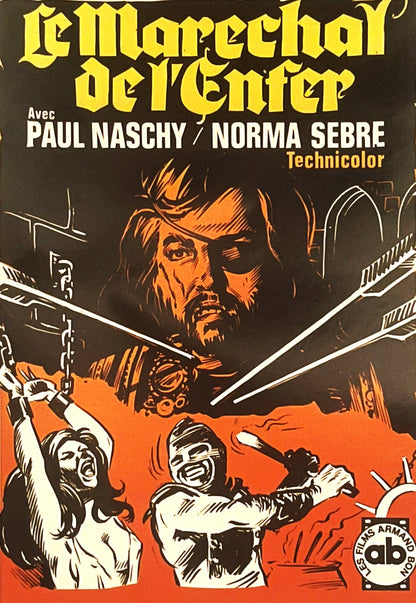 Vintage 1974 Belgian movie poster featuring orange and yellow Gothic lettering, pirate character with eye patch, and action s