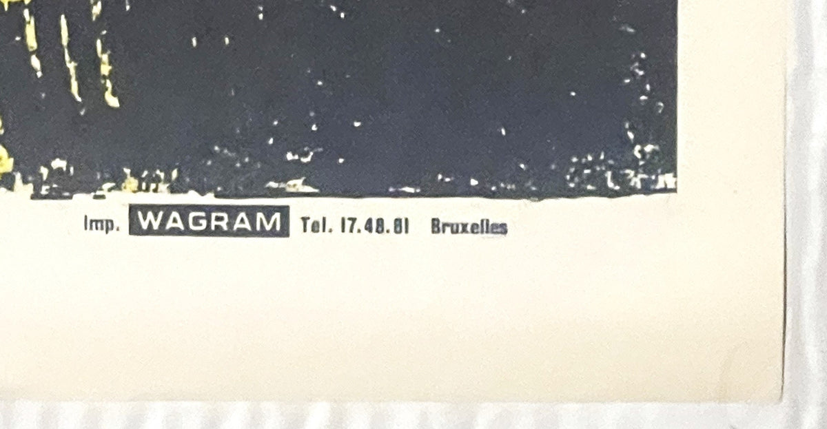 Close-up of vintage movie poster bottom edge showing "Imp. WAGRAM Tel. 17.48.61 Bruxelles" printer credit on cream paper agai