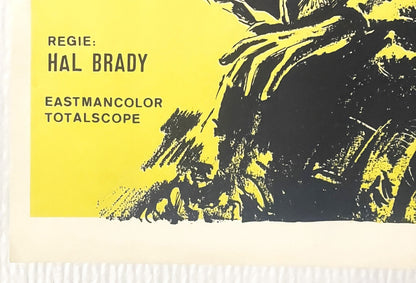Close-up of vintage movie poster corner with yellow background, black and yellow graphic imagery, and text reading "REGIE: HA